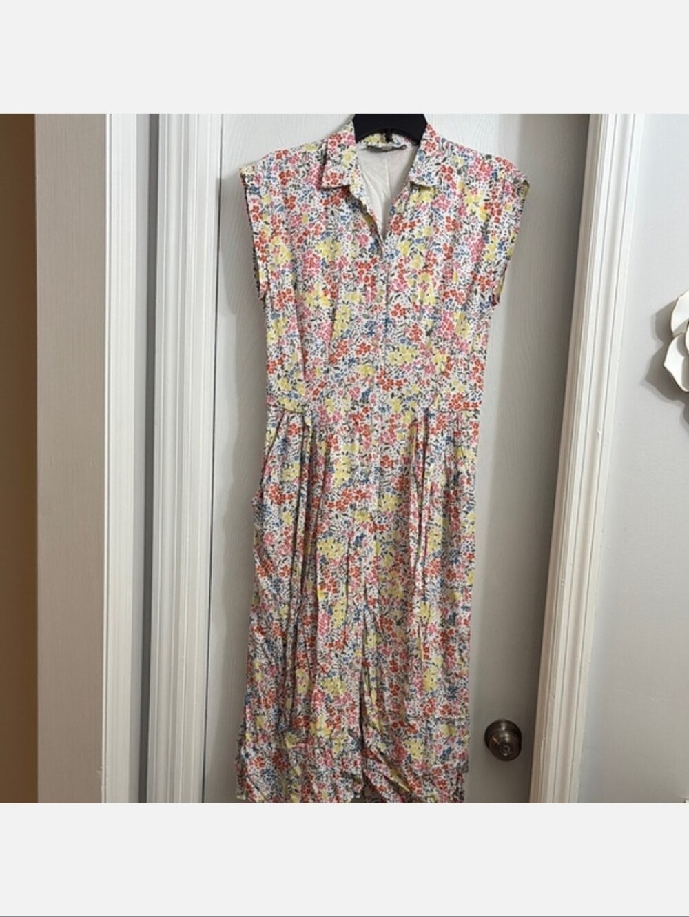 LOFT Floral Shirt Dress in White with Pink, Yellow & Blue Flowers